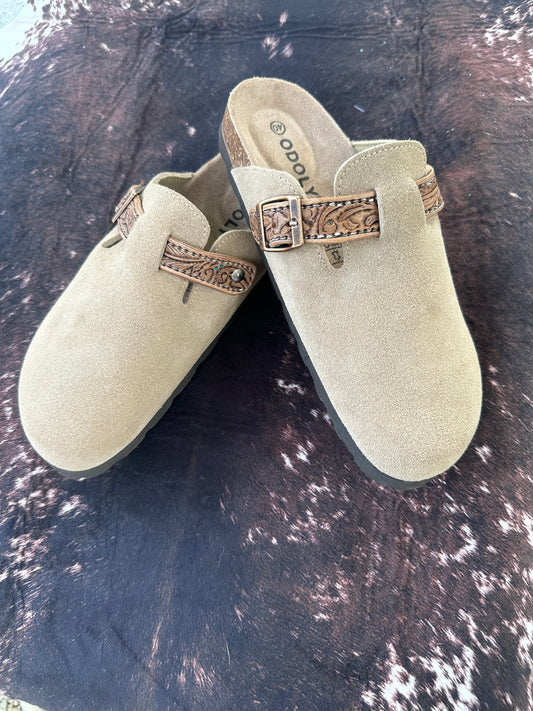 Tooled leather clogs