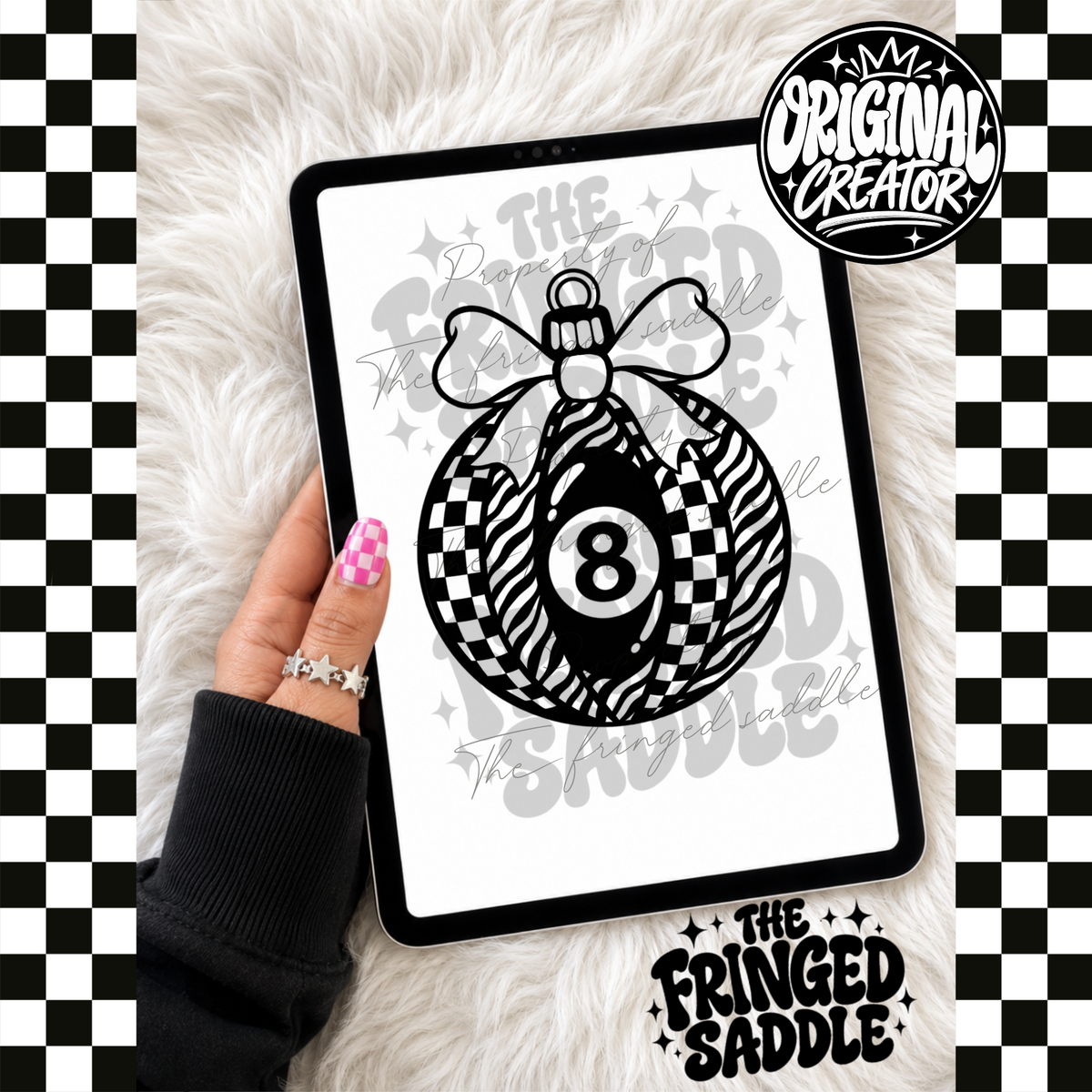 Zebra checkered 8 ball ornament