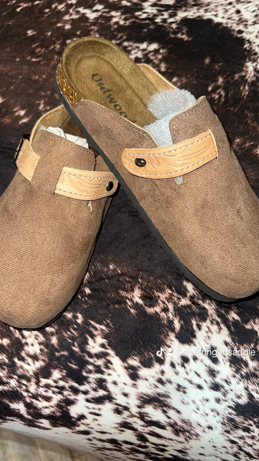 Tooled leather/hand stitched clogs